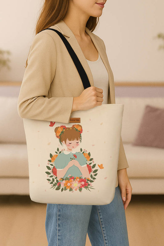 A tote bag depicting a girl with flowers and butterflies, showcasing a vibrant and cheerful design.