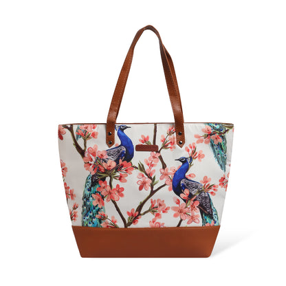 Fashionable tote bag with charming bird prints, great for adding a pop of color to your look