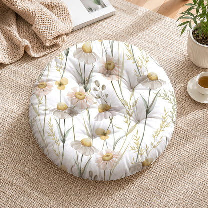 White Floral Printed Round Chair Cushion