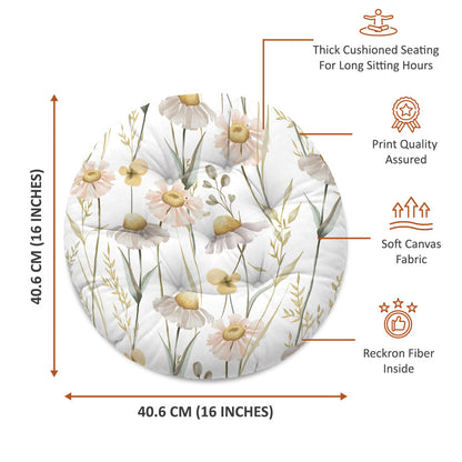 White Floral Printed Round Chair Cushion