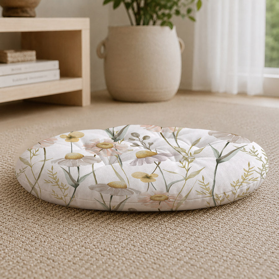 White Floral Printed Round Chair Cushion