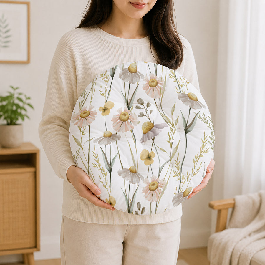 White Floral Printed Round Chair Cushion