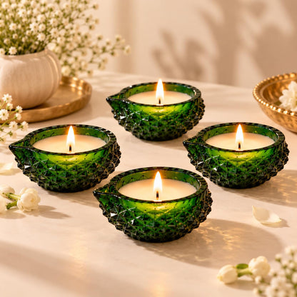 Green Crystal Glass Diya Wax Candles with Lemongrass Fragrance