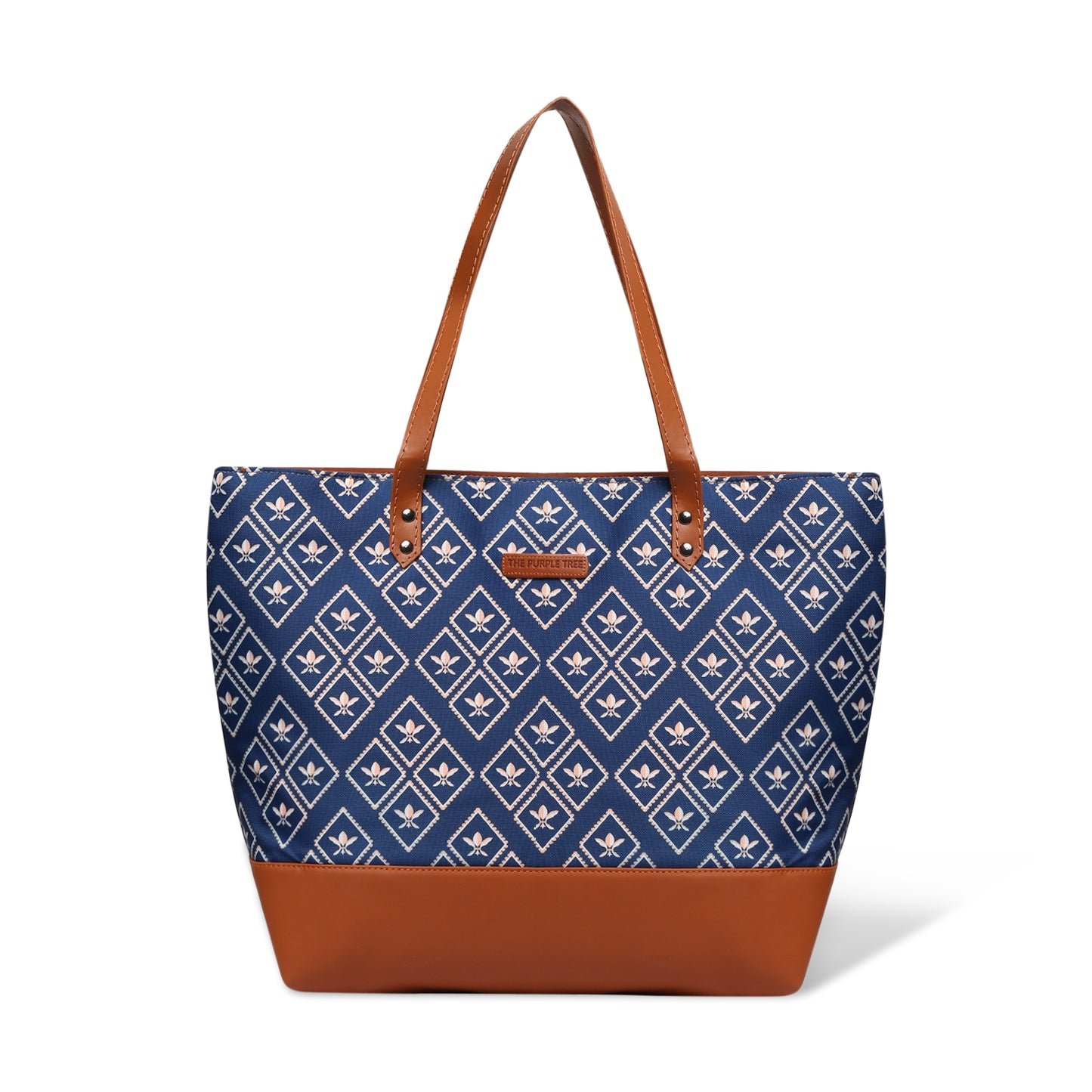 Wooden chair accompanied by blue and brown tote bag