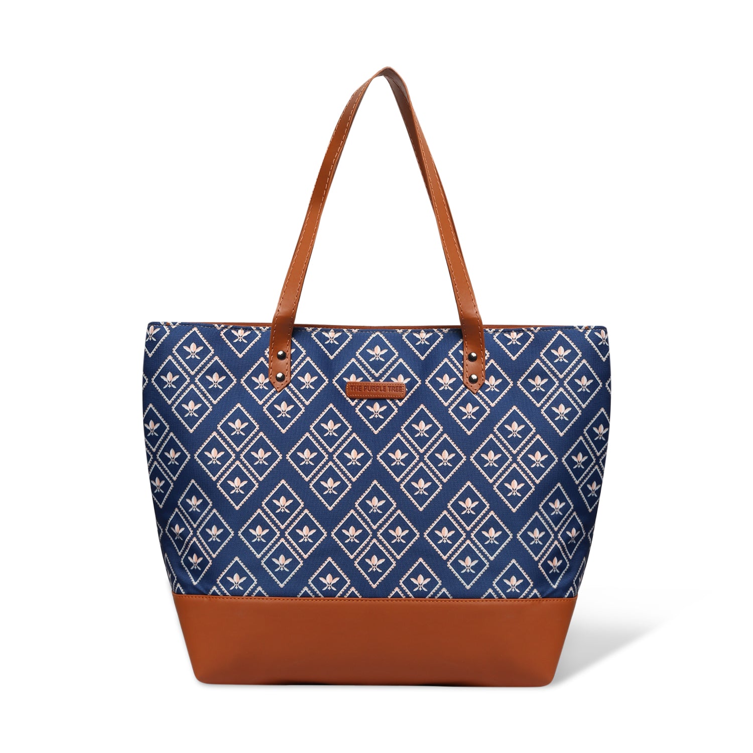 Wooden chair accompanied by blue and brown tote bag