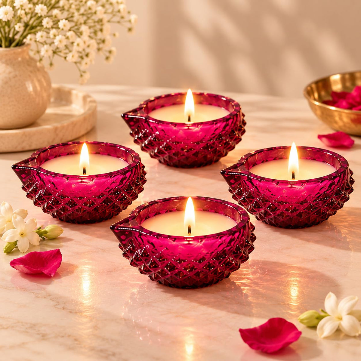 Pink Crystal Glass Diya Wax Candles with Lavender Fragrance