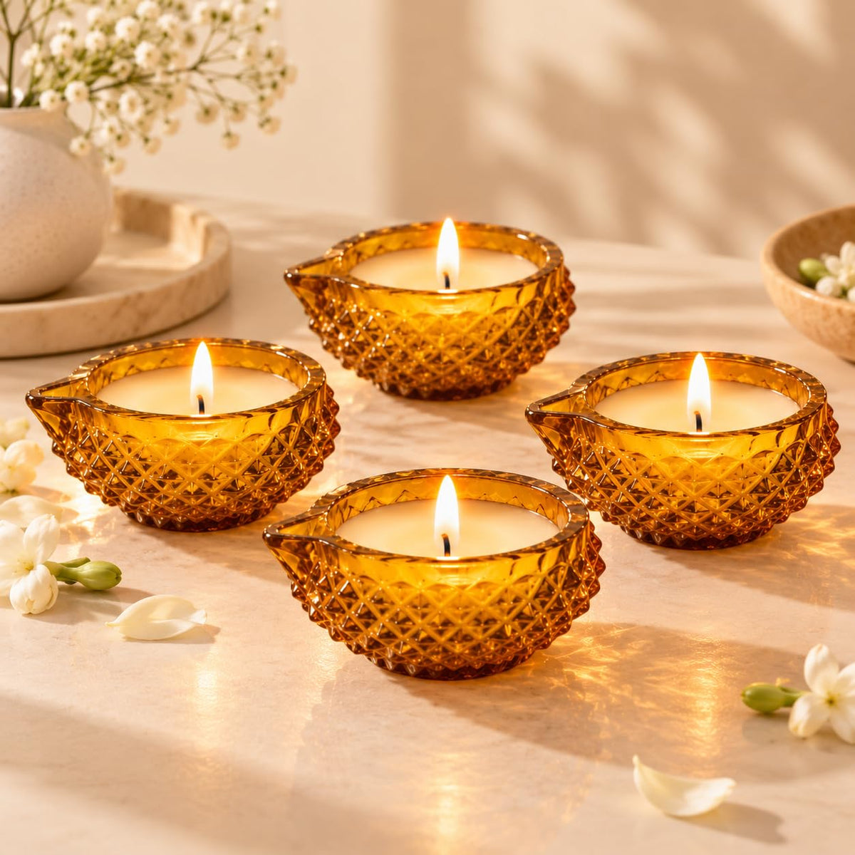 Amber Yellow Crystal Glass Diya Candles with Vanilla Fragrance