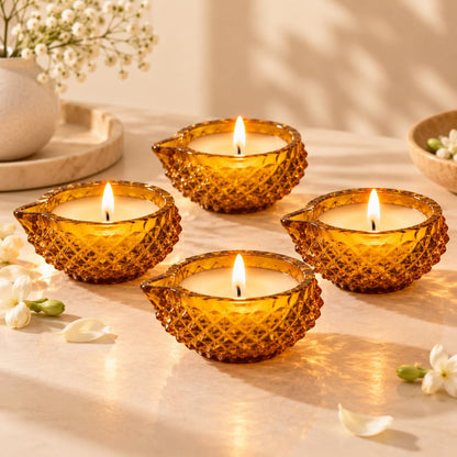Amber Yellow Crystal Glass Diya Candles with Vanilla Fragrance