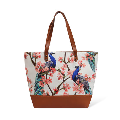 Fashionable tote bag with charming bird prints, great for adding a touch of nature to your look.
