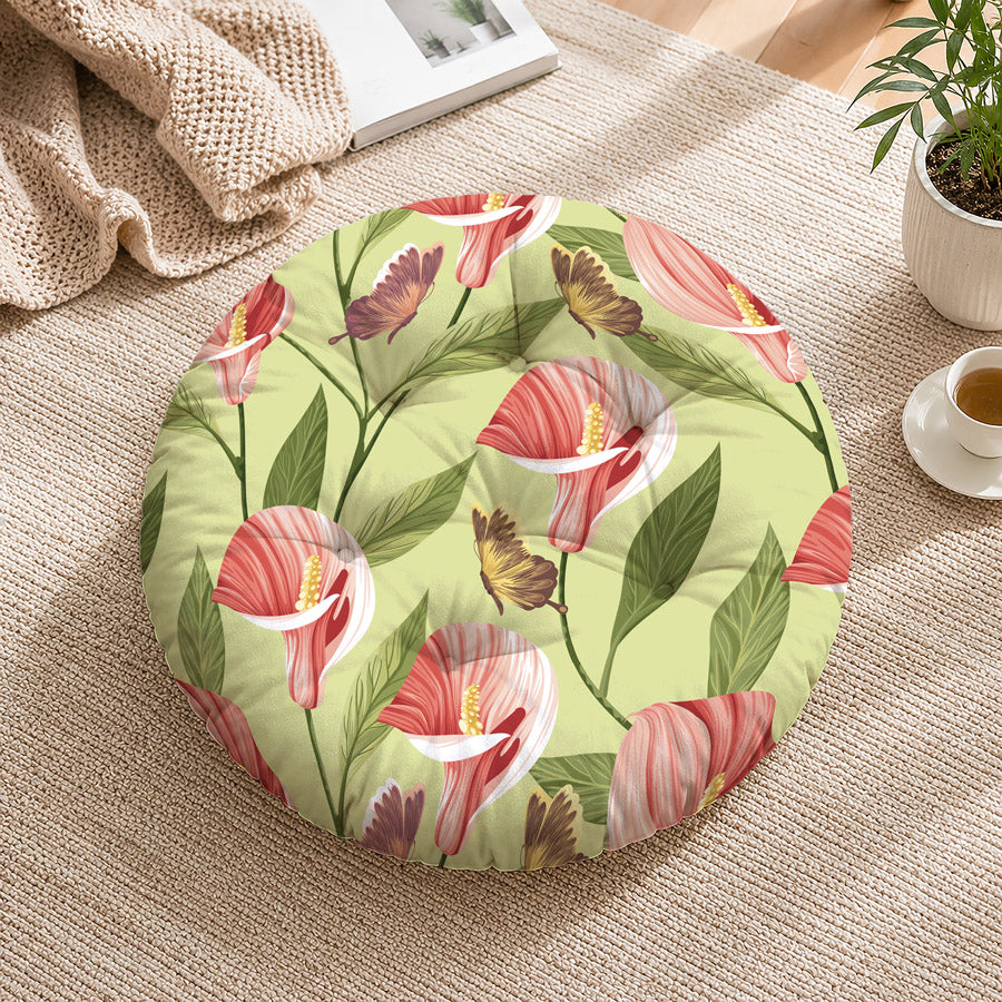 Green Floral Printed Round Chair Cushion