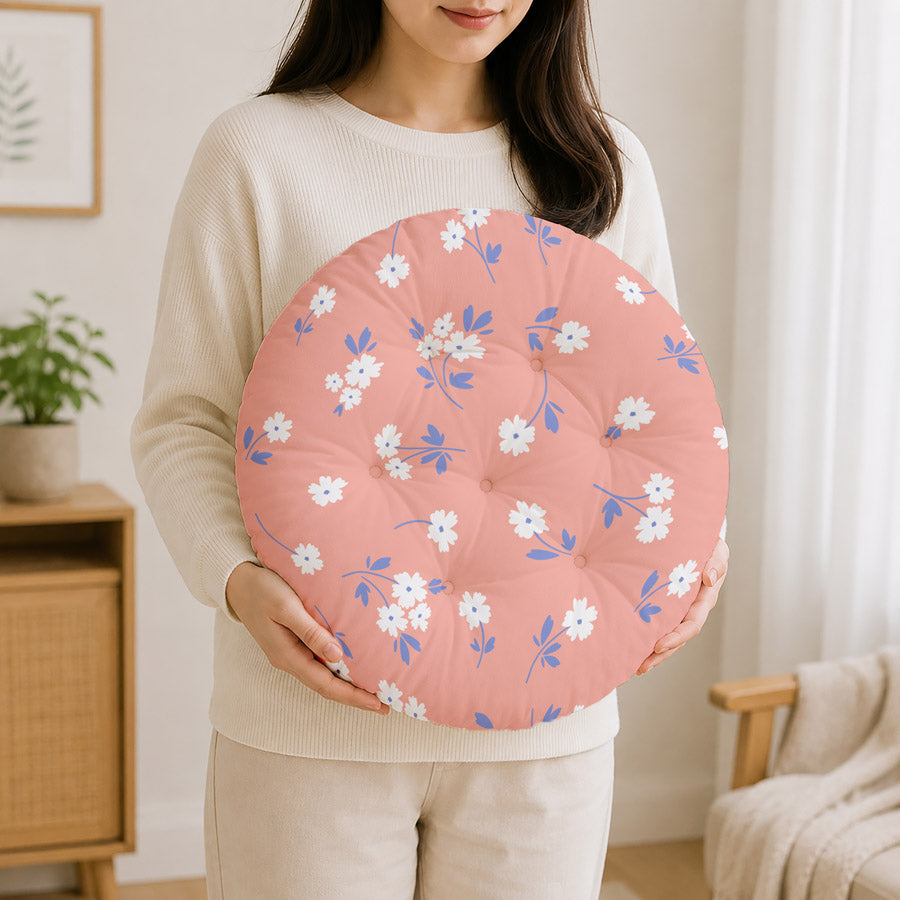 Pink Floral Printed Round Chair Cushion