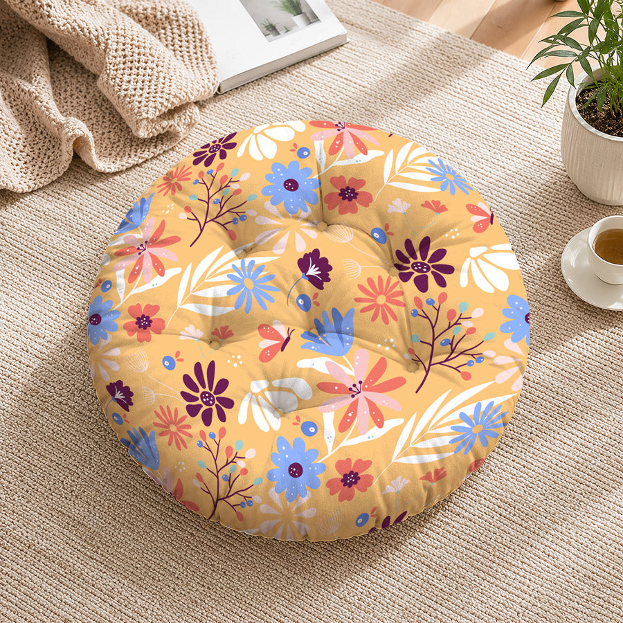Yellow Floral Printed Round Chair Cushion