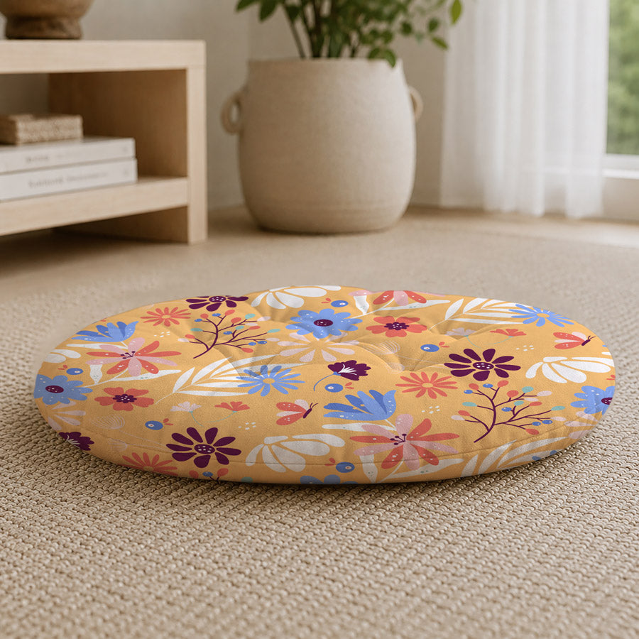 Yellow Floral Printed Round Chair Cushion
