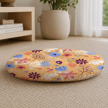 Yellow Floral Printed Round Chair Cushion