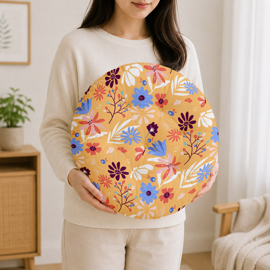 Yellow Floral Printed Round Chair Cushion