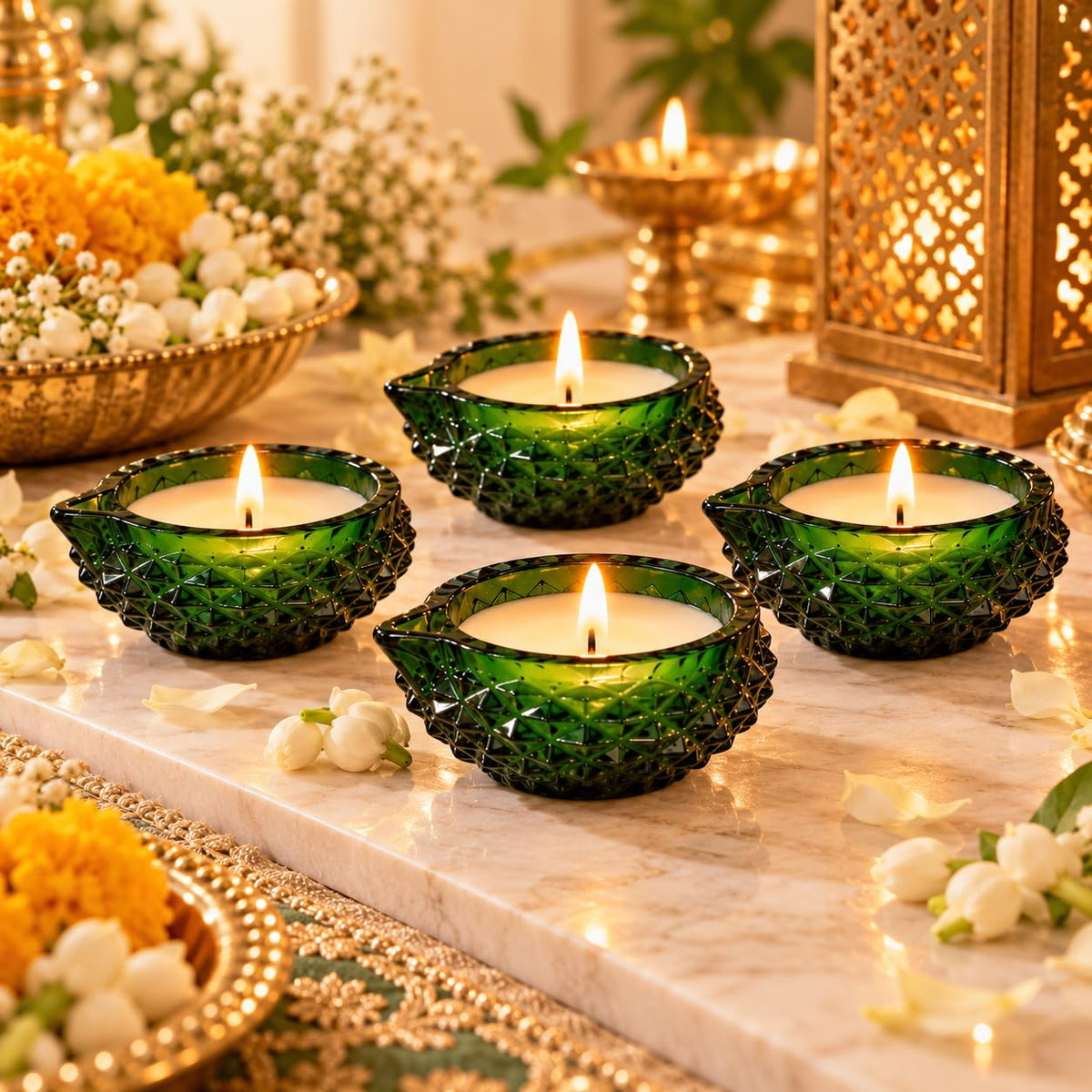 Green Crystal Glass Diya Wax Candles with Lemongrass Fragrance