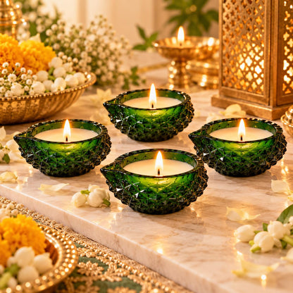Green Crystal Glass Diya Wax Candles with Lemongrass Fragrance