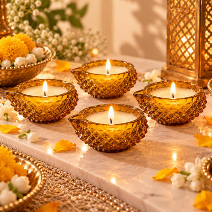 Amber Yellow Crystal Glass Diya Candles with Vanilla Fragrance