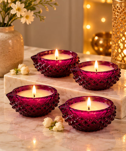Pink Crystal Glass Diya Wax Candles with Lavender Fragrance