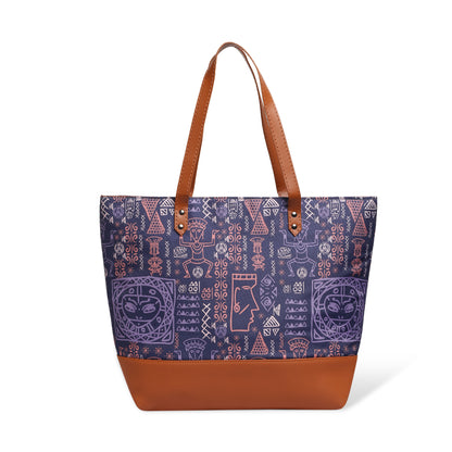 Fashionable purple and brown tote bag on a chair.