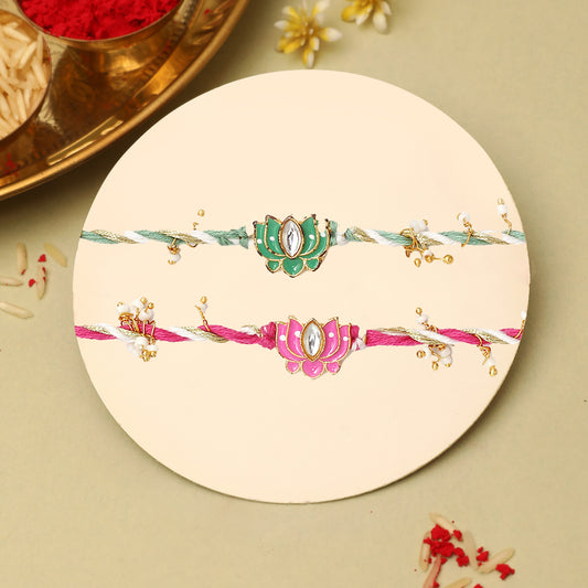 Pink and Green Meenakari Lotus Kundan Rakhi