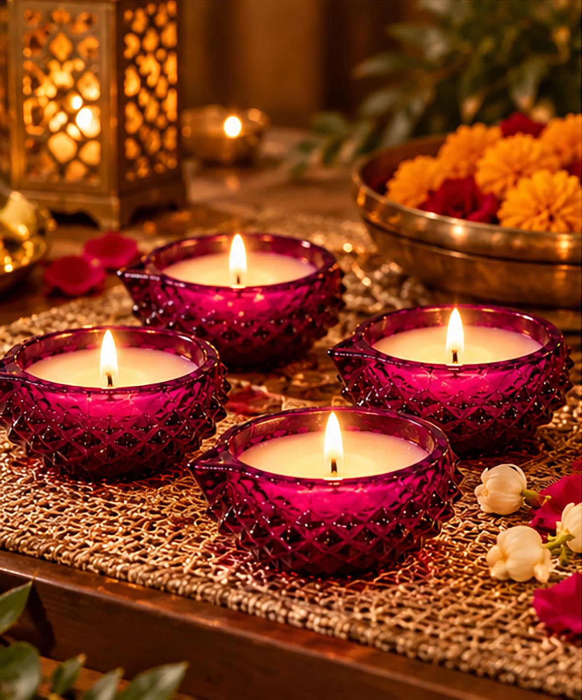 Pink Crystal Glass Diya Wax Candles with Lavender Fragrance