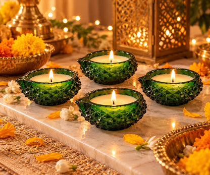 Green Crystal Glass Diya Wax Candles with Lemongrass Fragrance