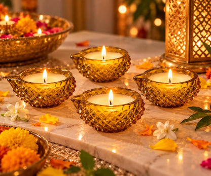 Amber Yellow Crystal Glass Diya Candles with Vanilla Fragrance