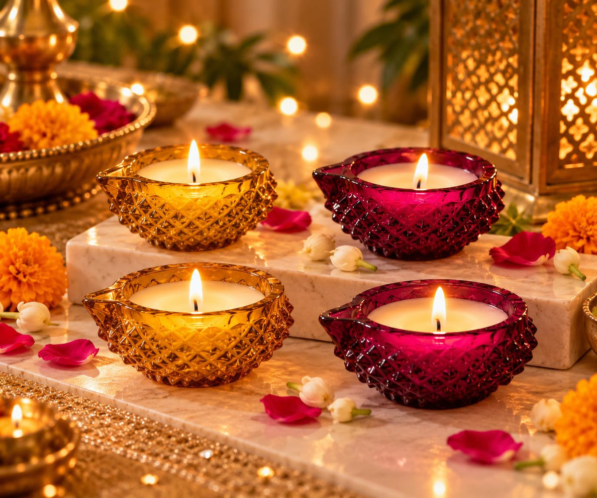 Amber Yellow Crystal Glass Diya Candles with Vanilla Fragrance