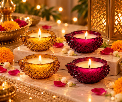 Amber Yellow Crystal Glass Diya Candles with Vanilla Fragrance
