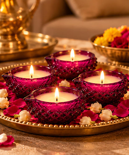 Pink Crystal Glass Diya Wax Candles with Lavender Fragrance