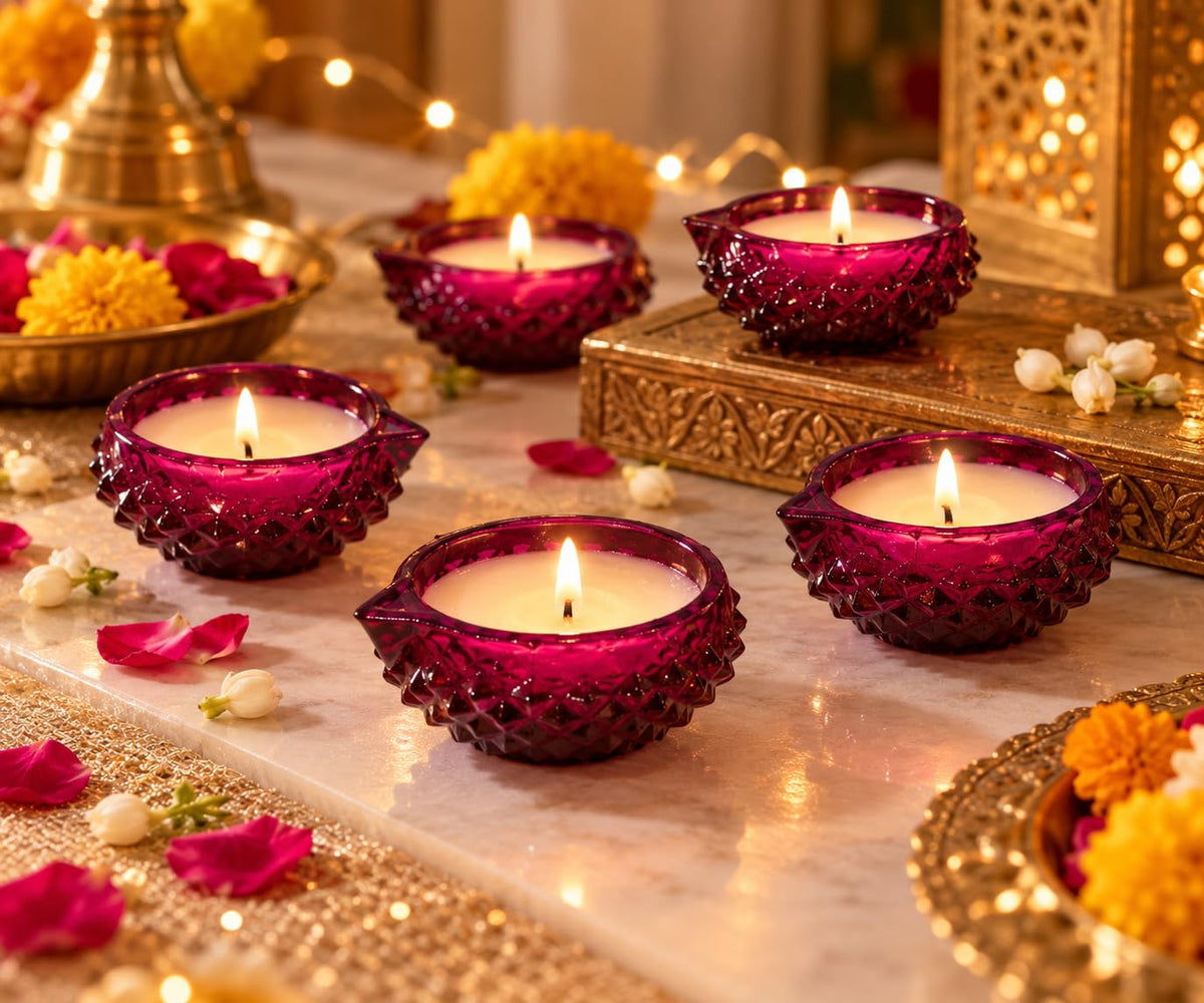 Pink Crystal Glass Diya Wax Candles with Lavender Fragrance