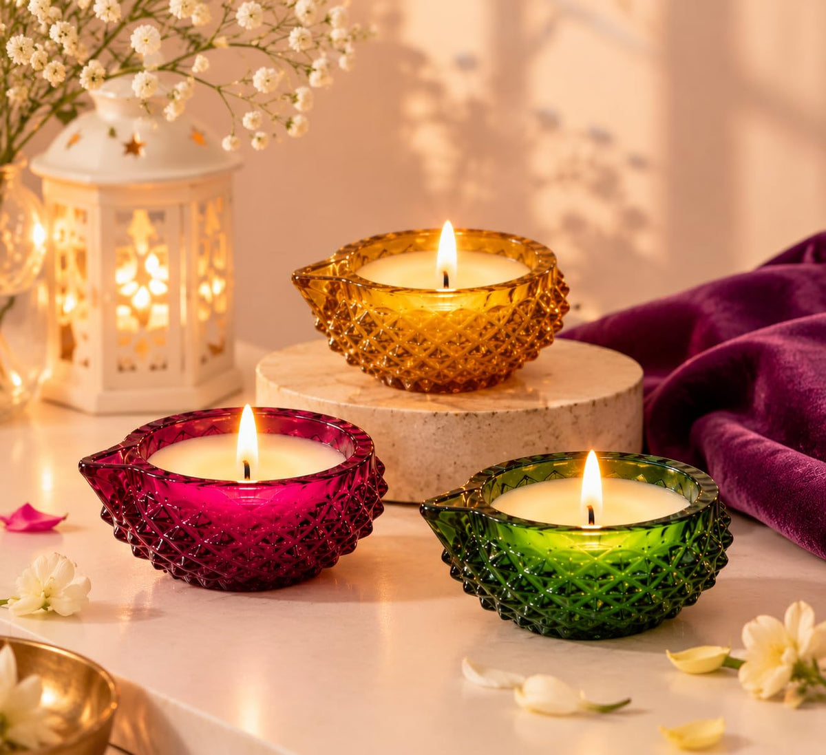 Amber Yellow Crystal Glass Diya Candles with Vanilla Fragrance