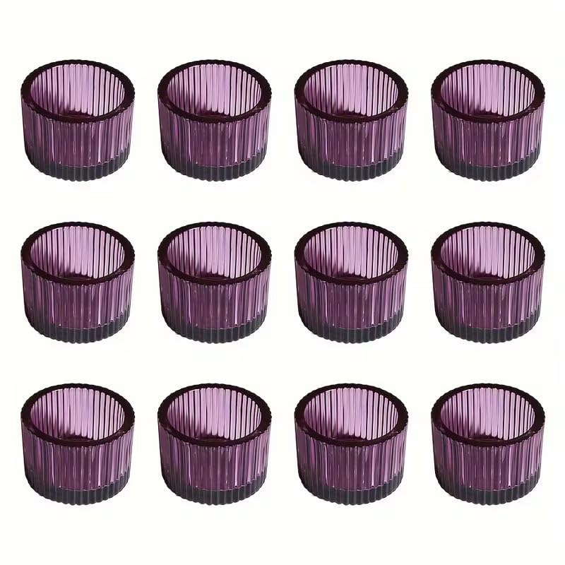 Set of 12 purple candle holders with ribbed design on a white background