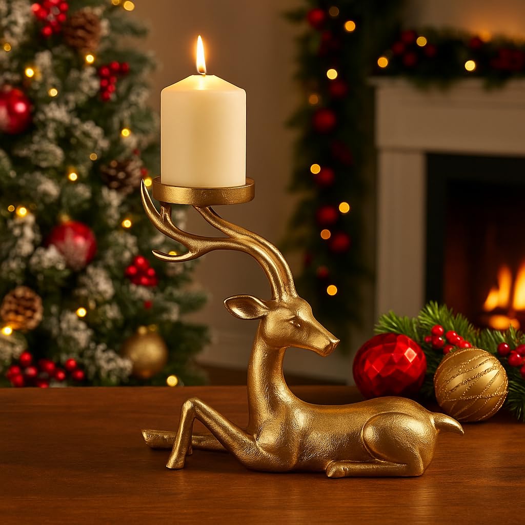 Gold deer-shaped candle holder with a lit candle on a wooden surface, Christmas tree and decorations in the background.