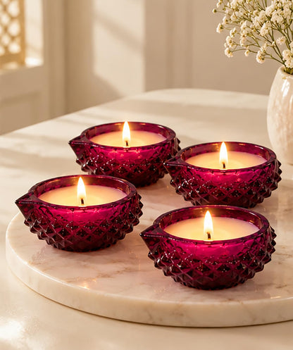 Pink Crystal Glass Diya Wax Candles with Lavender Fragrance