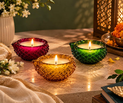 Amber Yellow Crystal Glass Diya Candles with Vanilla Fragrance