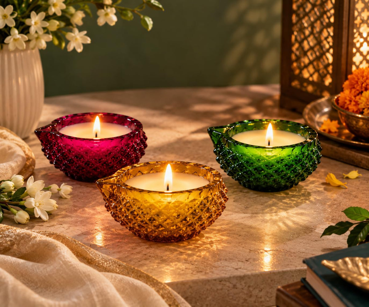 Green Crystal Glass Diya Wax Candles with Lemongrass Fragrance