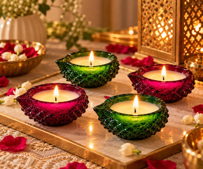 Pink Crystal Glass Diya Wax Candles with Lavender Fragrance