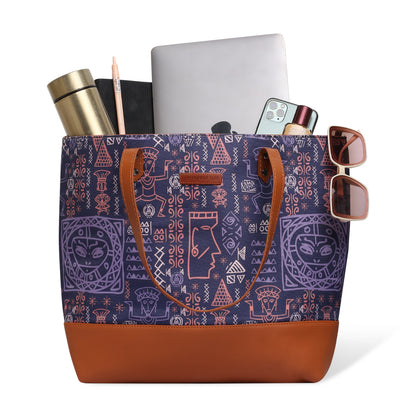 Chic tote bag in purple and brown colors on a chair.