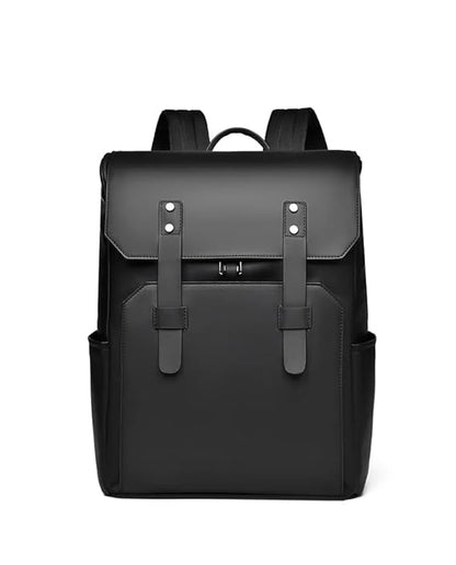 A black backpack featuring two straps and a stylish leather handle for easy carrying.