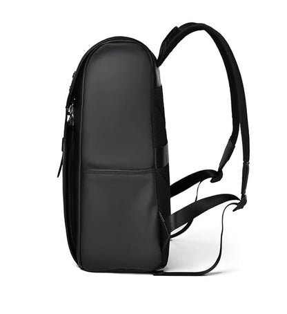 A black backpack showcasing two straps and a leather handle, perfect for everyday use.