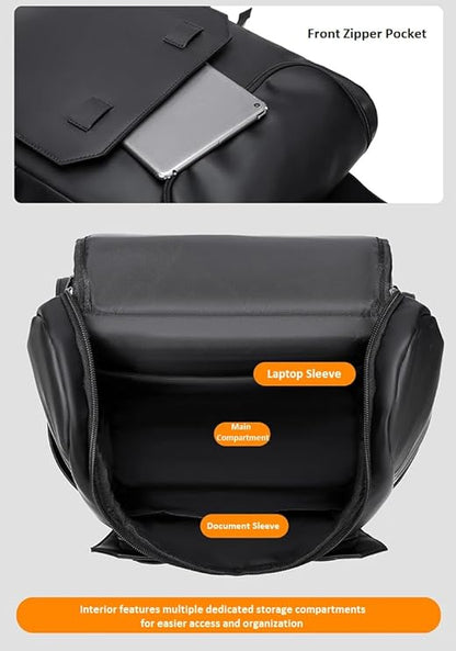 Black backpack with labeled storage compartments on a gray background