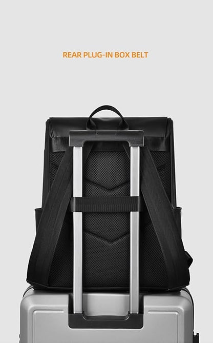 A black backpack equipped with two straps and a leather handle for added style and functionality.
