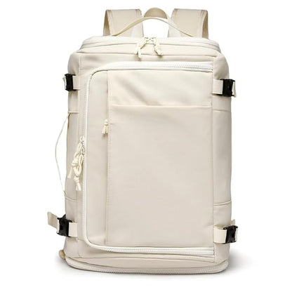  A white backpack featuring adjustable straps and a zipper closure.
