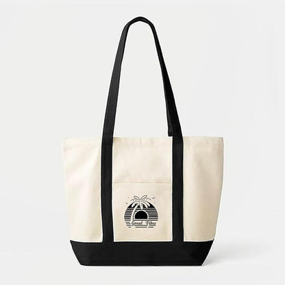 A stylish tote bag featuring a distinctive black and white logo, perfect for everyday use and casual outings.