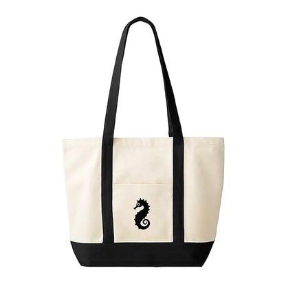 Chic black and white tote bag with a seahorse print, great for adding a touch of ocean vibes to your look.