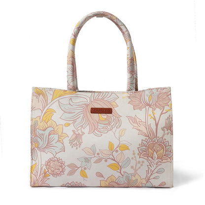 Stylish tote bag with white and yellow floral print, ideal for summer picnics.