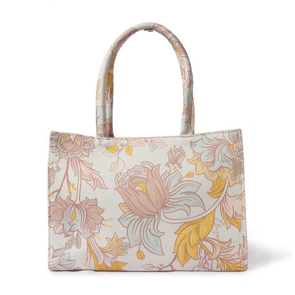 Stay trendy with this white and yellow floral print tote bag.