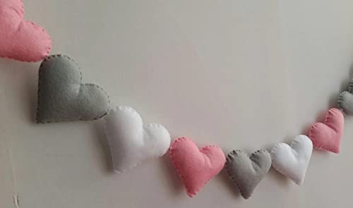  Heart garland made of pink and grey felt, perfect for adding a touch of love to any room decor